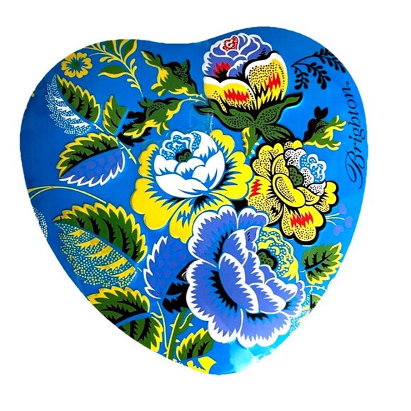 Brighton Heart Shaped 3.5" Tin Empty Jewelry Trinket Box Blue Yellow Floral - Picture 1 of 6